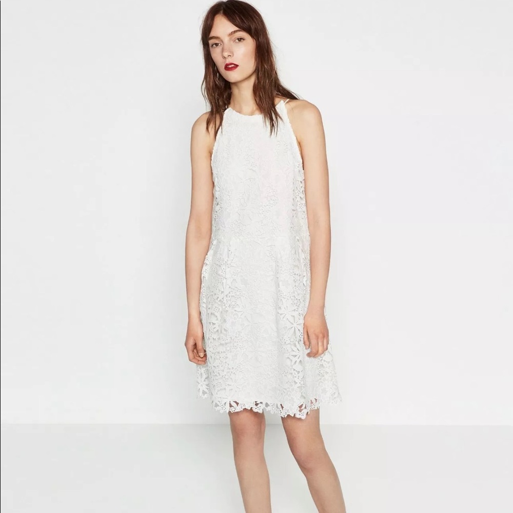 ZARA White Guipure Lace Mini Halter-neck Tank Dress, Size M